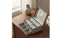 Gold-Tone Clasp Watch and Jewelry Case Gray Fabric Fabric-Lined Interior Watch Box with Drawer