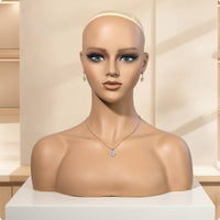 Mannequin Head with Shoulders Realistic Female Mannequin Bust Bald Hairpiece Display Head for Cosplayers, Jewelers