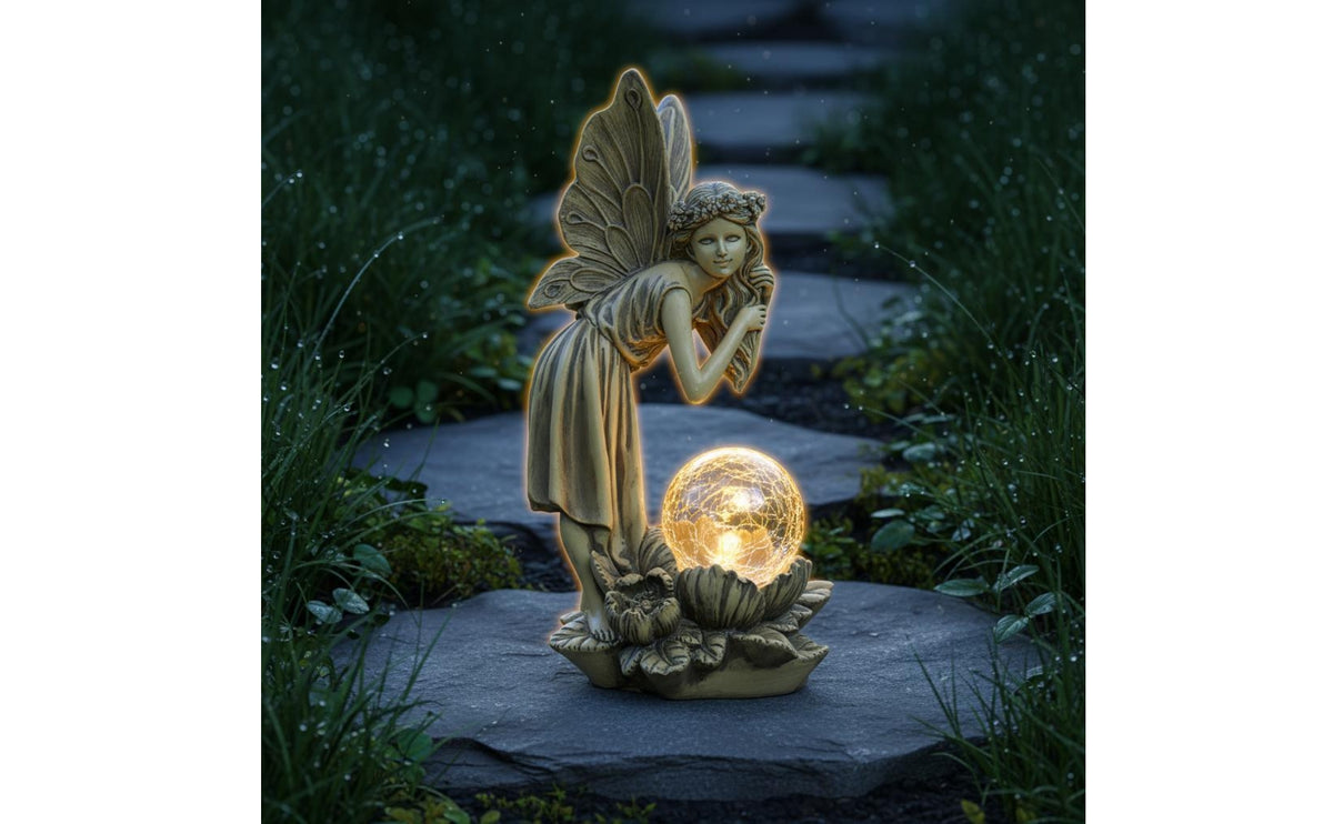Glass Ball Fairy Sculpture Outdoor Use Resin Fairy Statue Flower Base Celestial Figure Figurine for Patio
