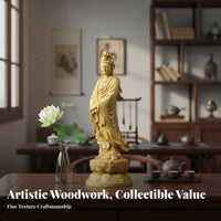 Intricacy Ed Carving Deity of Mercy Statue on Lotus Serene Visage Guanyin Statue Handmade Deity of Mercy Sculpture Feng Shui Decor for Spiritual Seekers, Mindful Movement Practice and Meditation Practitioners, Living Room, Office, Bookshelf, Car Dashboard