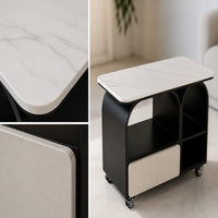Rolling Side Table Modern Side Table with Drawer compartmentSaving Mobile Storage Cart for Living Room, Bedroom, Small Areas