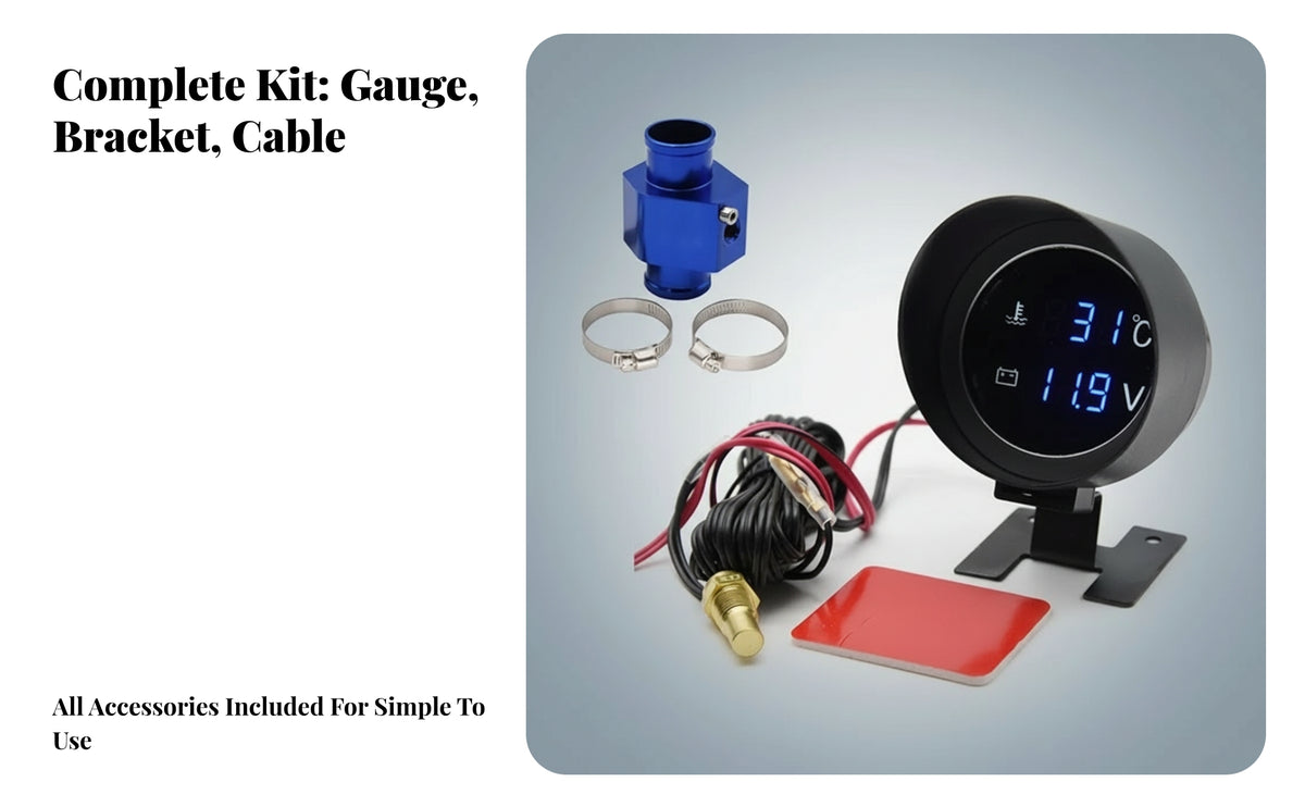 Blue LED Water Temperature Gauge with Silver Band and Digital Display