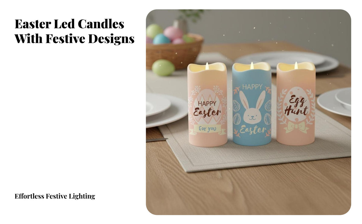 3 Pieces Easter Decorative Candles Easter LED Candle Set Selectable LED Pillar Candle Set for Mantelpiece, Living Room