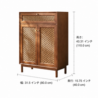 Rattan Shoe Cabinet, Entryway Storage with Bench, Shoe Rack, Solid Wood, Walnut Color, No Assembly Required