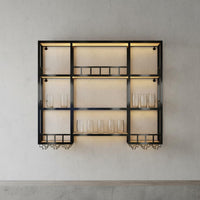 Industrials Spirits Bottle Display Wrought Iron Wall Mounted Vino and Glass Rack Saving Space Illuminated Bar Shelf for Restaurateurs