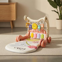Detachable Play Mat 2-in-1 Baby Activity Gym Stroller Curved Push Handle Baby Activity Stroller Hanging Animal Toys Walk-Behind Coach Piano-Style Keys for Babies, Walking Practice