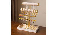 Three-Tier Jewelry Display Stand Tabletop Jewelry Organizer with Tray Gold-Tone Earring Holder Tangleuntangled for Women, Teens, Vanity, Dresser, Bedroom