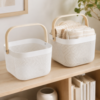 Home Storage Basket Portable Ventilated Pantry Clutter Storage with Wood Handle