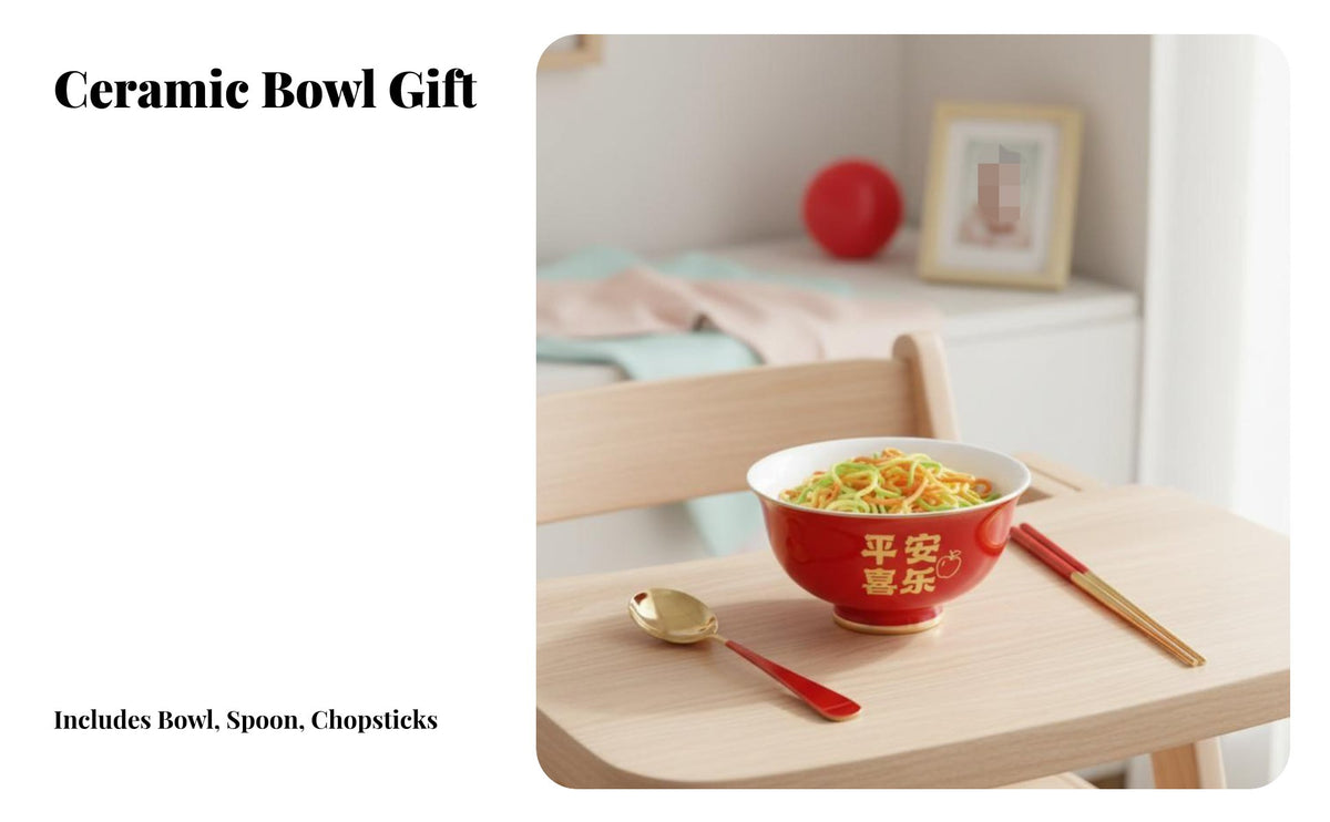 Blessing Theme Ceramic Bowl Set, Red Gold Trim, Children's Birthday Gift, Chopsticks Spoon Included