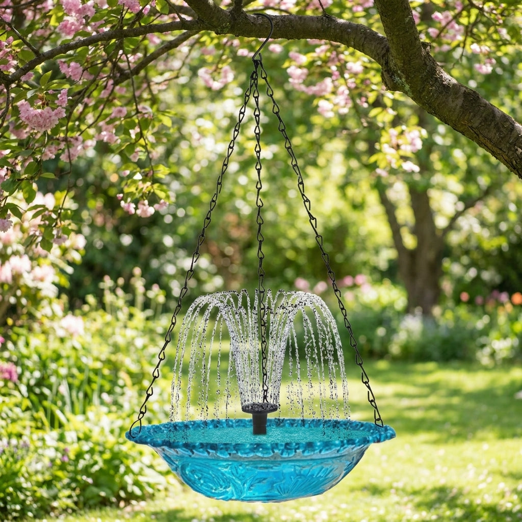 Hanging Bird Feeder and Solar Bird Bath Water Feature, Iron Outdoor Bird Feeder With Basin, Garden Decor and Bird Watcher Gift, 26*25*6 cm