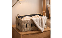 Braided Container Basket with Handles Rectangular Braided Straw Basket with Lining Stylish for Closet
