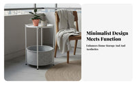 Minimalist Design Tray Top Table with Storage Basket Modern Design Round Storage Table Multi-Functional Nightstand Lightweight for Apartment Dwellers, Homeowners, Living Room, Bedroom, Balcony, Bathroom