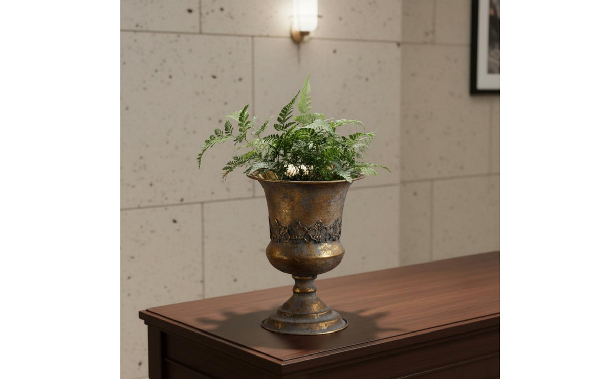 Vintage Goblet Vase Metalwork Antique Gold Metal Vase Stable Base Ornate Pedestal Planter for Tabletop, Living Room