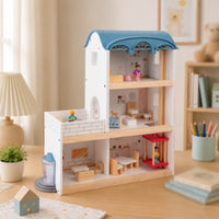 DIY Three-Story Dollhouse Open-Front Wooden Dollhouse Painted Panels Household Toy Arched Roof