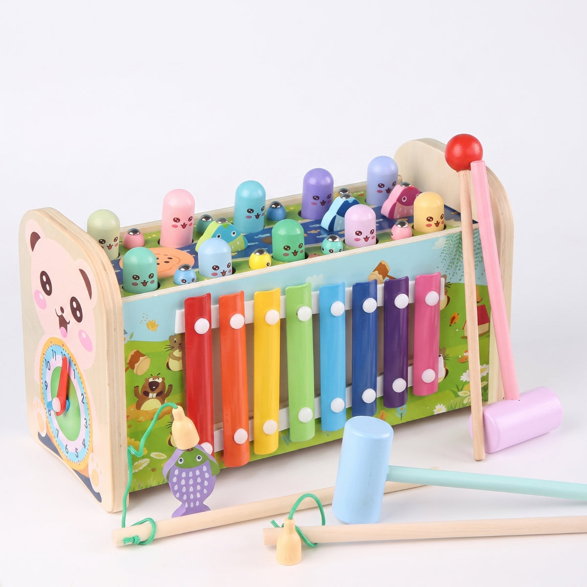 Multifunctional Whack-Arodent Toy Toddler Pounding Bench with Mallets Hands-on Learning Wooden Activity Cube Sensory for Playroom