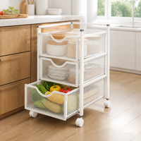 3 Tier Storage Trolley, White Carbon Steel Kitchen Storage Cart with Pull-Out Drawers, Freestanding Rolling Utility Tool Trolley