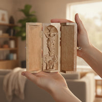 Folding Triptych Tabletop Carving with Hinged Panels Hand-Carved Shrine for Collectors, Desk