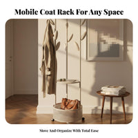 Cream finish Rolling Clothes Rack with Laundry Basket 2-in-1 Design Rolling Clothes Organizer Space-Saving Clothing Stand Quick Assembly for Home Organizers, Apartment Dwellers, Students, Small Spaces, Dorm Room, Entryway