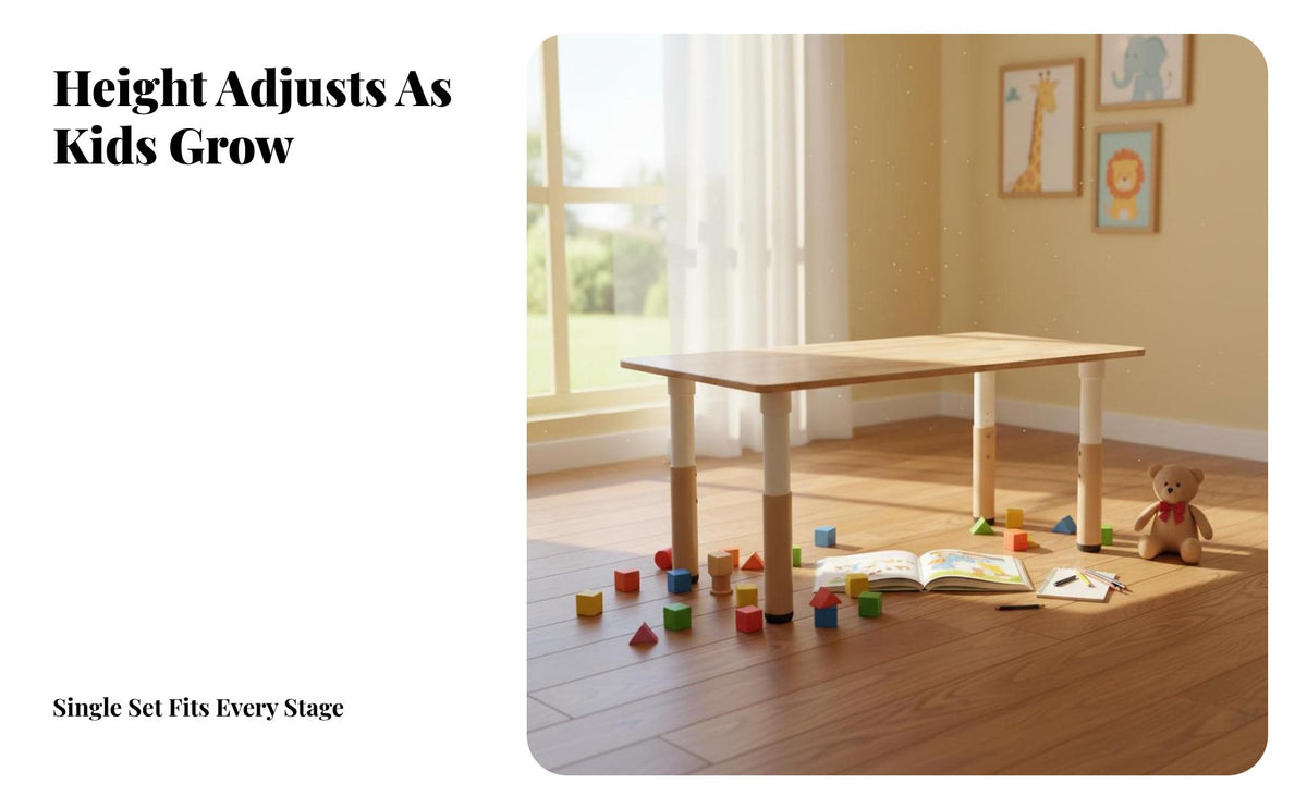 Solid Wood Tabletop Kids Table and Chair Set Child-Safe Design Adjustable Height Study Desk Rounded Corners Kids Table and Chairs Set Sturdy Construction for Toddlers, Preschoolers, Students, Kindergarten, Daycare Center, Playroom, Classroom