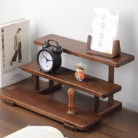 Vintage Style Three-Tier Wooden Rack Stepped Design Wood Display Rack Rounded Corners Walnut Wood Shelf Polished Finish for Tabletop