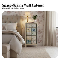 Colorful Painted Finish Multi-Color Apothecary Chest space-efficient Footprint Accent Cabinet Distressed Look Storage Furniture Vintage design for Apartment Dwellers, Homeowners, Interior Decorators, Entryway, Living Room, Bedroom, Hallway