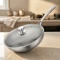 Frying Pan for Stir Fry and Wok Induction Hob Cooking, Stainless Steel Wok with Lid and Honeycomb Surface, Flat Bottom Pan, Electric Gas Use