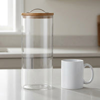Water Dispenser with Tap, High Borosilicate Glass Drink Dispenser with Bamboo Lid and Wood Stand, Juice Dispenser for Party and Iced Tea Serving