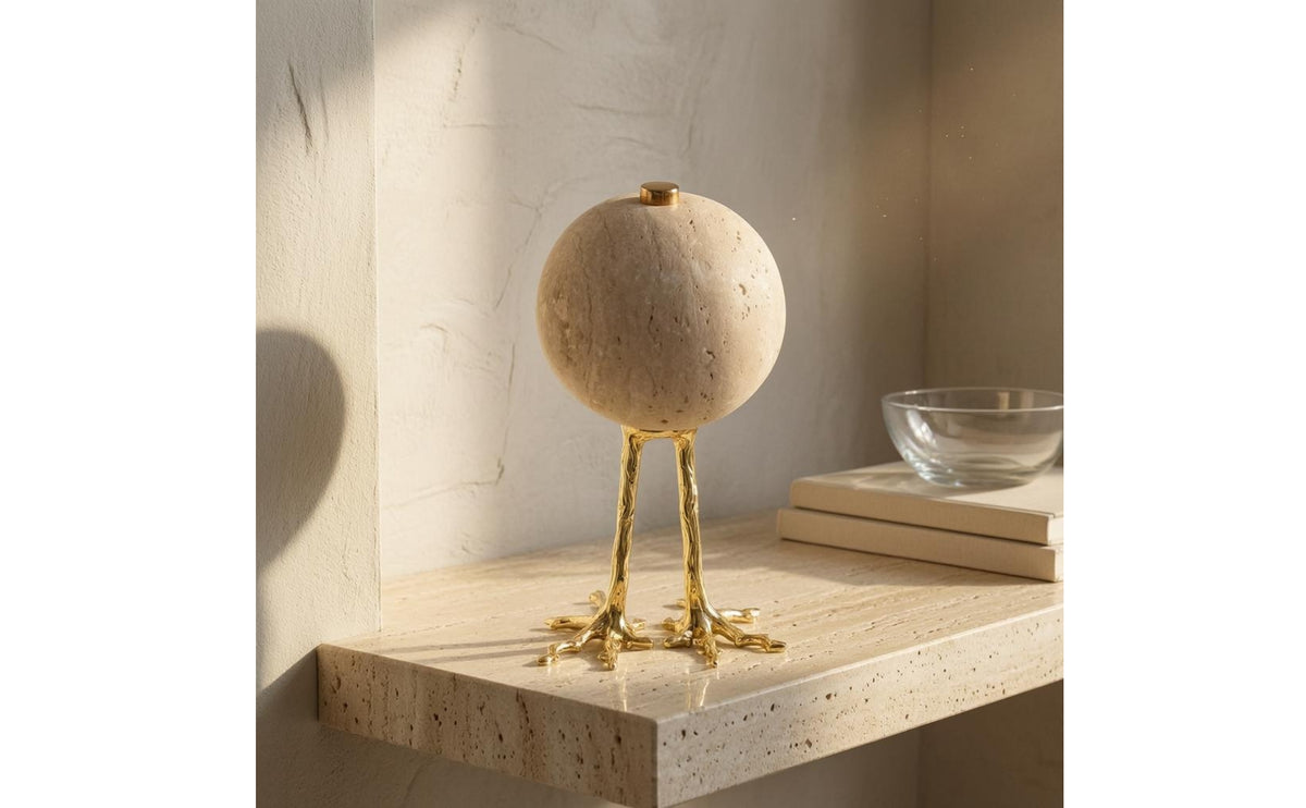 Travertine Sphere Ornament Speckled Texture Bird Leg Stand Piece Smooth Round Shape Mineral Sphere Sculpture for Table, Cabinet