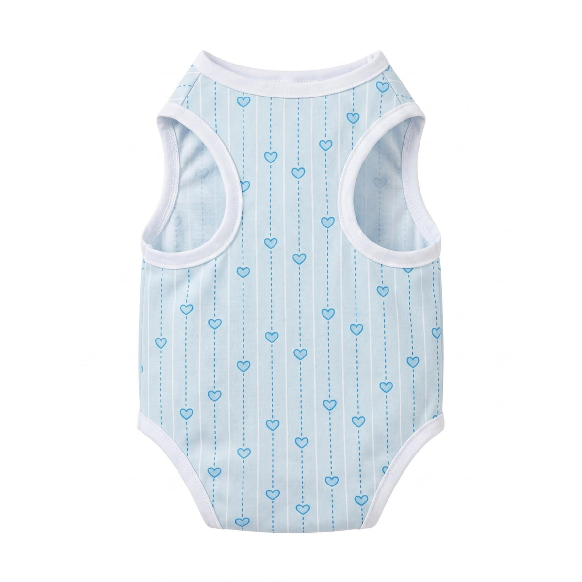 Fitted Female Feline Recovery Suit Blue Post-Surgery Feline Suit Heart Print White Trim