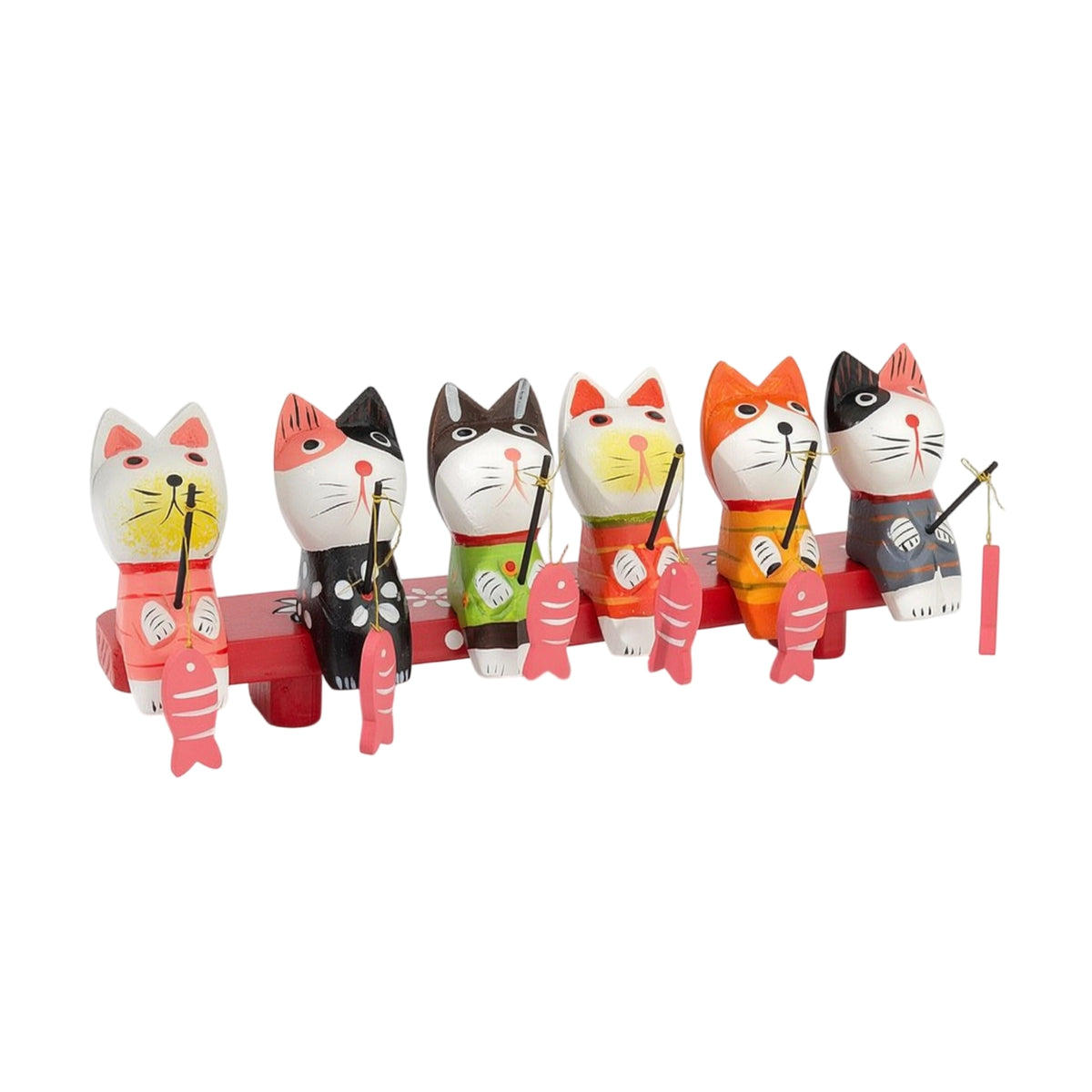 6 Pieces Hand-Painted Cat Statue with Fishing Rod Cute Wooden Cat Figurine Charming Desktop Decoration Compact for Nursery