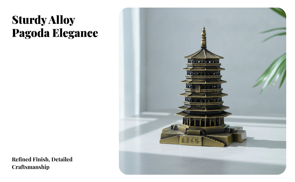 Golden Wooden Pagoda Model | Detailed Multi-Tier Structure, Pagoda Model, Stable Rectangular Base, Architectural for Desk