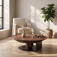 Round Wood Coffee Table Low-Profile Round Coffee Table Sculptural Furniture for Living Room, Lounge Area, Apartment