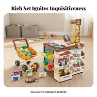 57 Pieces Realistic Design Kids Grocery Shop with Shopping Cart Rich Accessories Kids Grocery Shop Playset Educational Toy Checkout Counter with Scanner Sturdy Construction for Preschoolers, Toddlers, Parents, Playroom, Daycare, Birthday Parties, Home