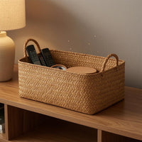 Handwoven Basket Braided Rectangular Storage Basket Space Saving Woven Bin for Cabinet