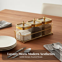 Ribbed Glass-Like Texture Gold Trim Condiment Box Set Luxury Storage Jars with Tray for Party Hosts, Dining Table, Living Room