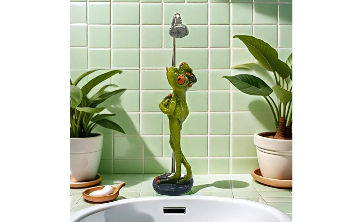 Showering Frog Statue Creative Design Bathing Frog Sculpture House Decoration Handmade Craft for Desktop, Garden