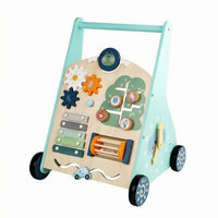 Multi-Function Wooden Baby Push Stroller Educational Activity Stroller Toy Interactive Toddler Learning Vehicle Develops Movement Skills for Toddlers, Babies, Walking Practice