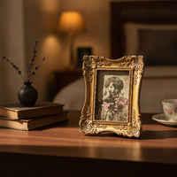 Ornate Carved Picture Frame Antique-Style Resin Photo Frame Gold-Toned Tabletop for Living Room, Bedroom, Entryway