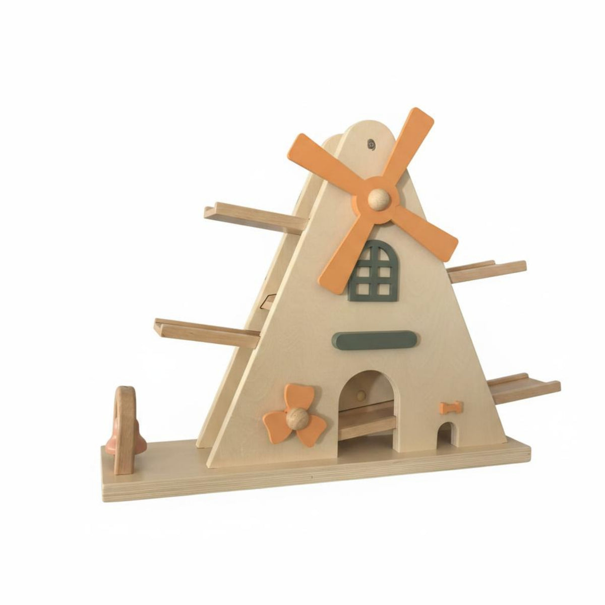 Nordic Design Windmill-Design Car Track Toy Solid Wood Wooden Ramp Car Toy Paint Wooden Race Track Set Safe Rounded Edges for Babies, Kids, Playroom, Nursery, Gift