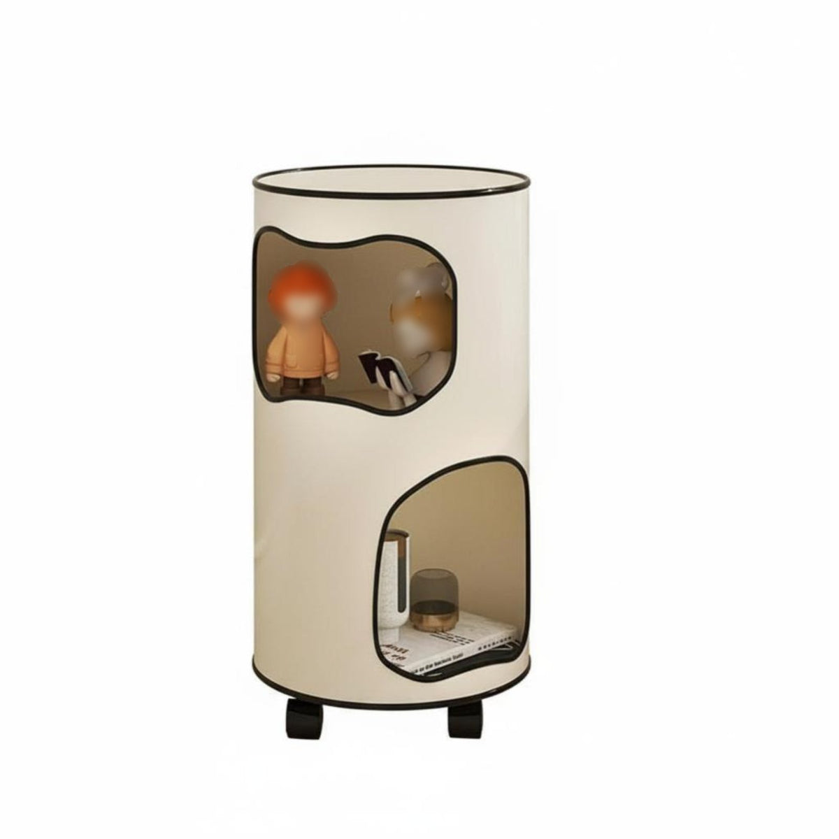 distinctive Tree-Hole Design Round Nightstand with Storage alcove Space-Saving Round Tiered Cabinet Modern aesthetic Bedside Table Minimalist Aesthetic for Apartment Dwellers, Homeowners, Students, Bedroom, Small Spaces, Dorm Room