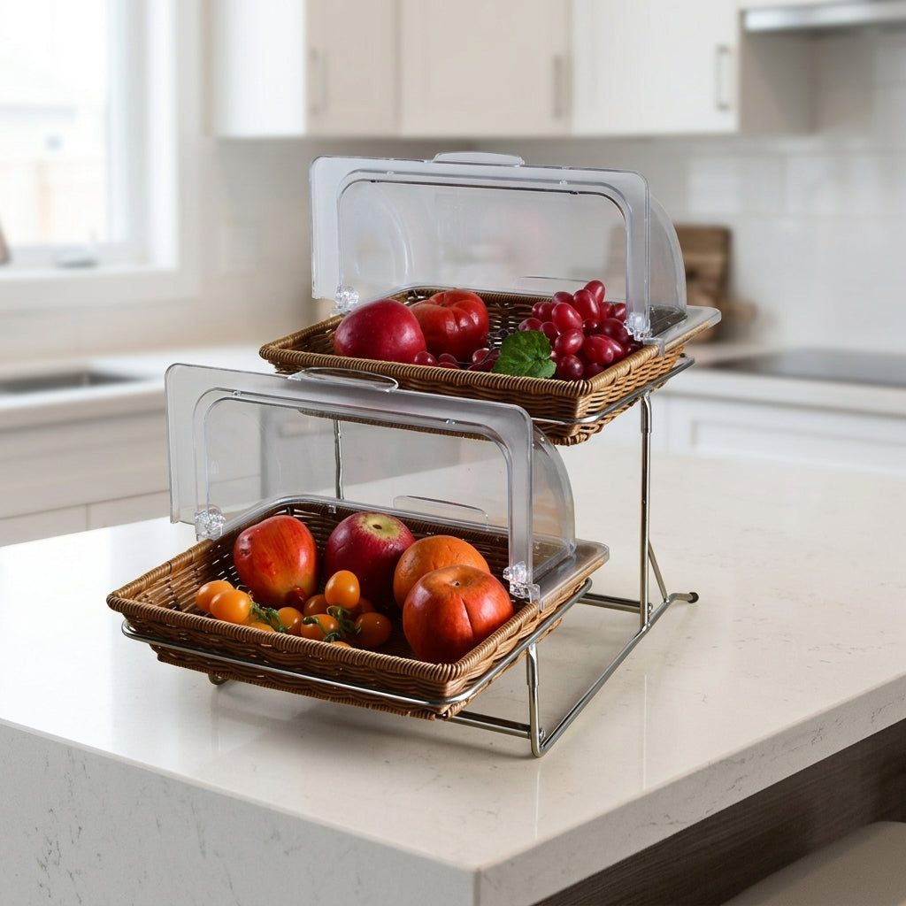 Tiered Display Stand, 2 Layer Imitation Rattan Perfume Organiser with Flip Lid, 32x26x6.5cm Food Display Rack