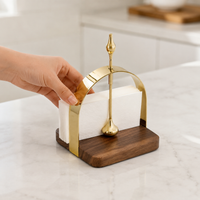 Napkin Holder for Table, Serviette Holder with Polished Metal & Walnut Base, Freestanding Serviette Holder for Kitchen, Dining Table Decor