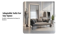utilitarian aesthetic Iron Frame Settee Minimalist Design Sofa Modern Aesthetic Small Couch stylish for Interior Designers, Apartment Dwellers, Clothing boutique, cosmetic studio, Office Reception, Waiting Room