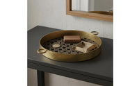 Antique Bronze Round Decorative Tray Raised Rim Woven Tray Side Handles House Decoration Geometric Pattern