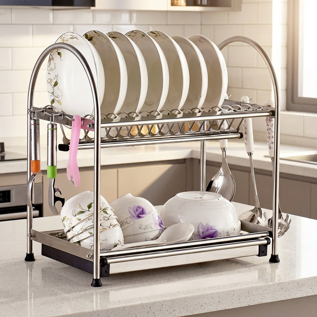 Dish Rack and Dish Drainer with Draining Board, 2 Tier Stainless Steel Draining Rack with Utensil Holder, Space Saving Kitchen Counter Organizer