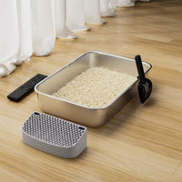 Cat Litter Tray with Ladle and Mat, Stainless Steel Flat Bottom Open Pan for Big Cats, Easy Clean Square Basin Large Tray