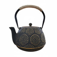Cast Iron Teapot Rope Wrapped Handle Floral Relief Teapot Gold Rim