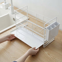 Dish Rack with Draining Board, 2-Tier Stainless Steel Dish Rack and Dish Drainer, Space Saving Kitchen Storage with Cutlery Holder and Tray