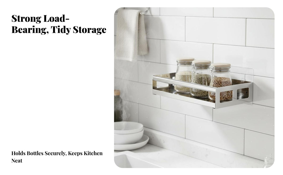 Drillwithout Cost Installation Wall-Mounted Seasoning Rack Rust-Proof Seasoning Holder with Utensil Rail Rustproof Kitchen Organizer Space-Saving for Apartment Dwellers, Renters, Homeowners, Bathroom