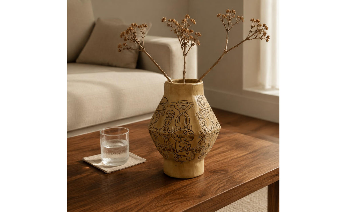 Hand Painted Tribal Vase Vintage Look Decorative Object Etched Texture Home Decor for Living Room